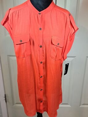 NWT A.N.A. A NEW APPROACH  Womens Flame Scarlet Button-Front Short Sleeve Blouse